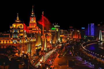 Shanghai Bund at Night China Flags Cars