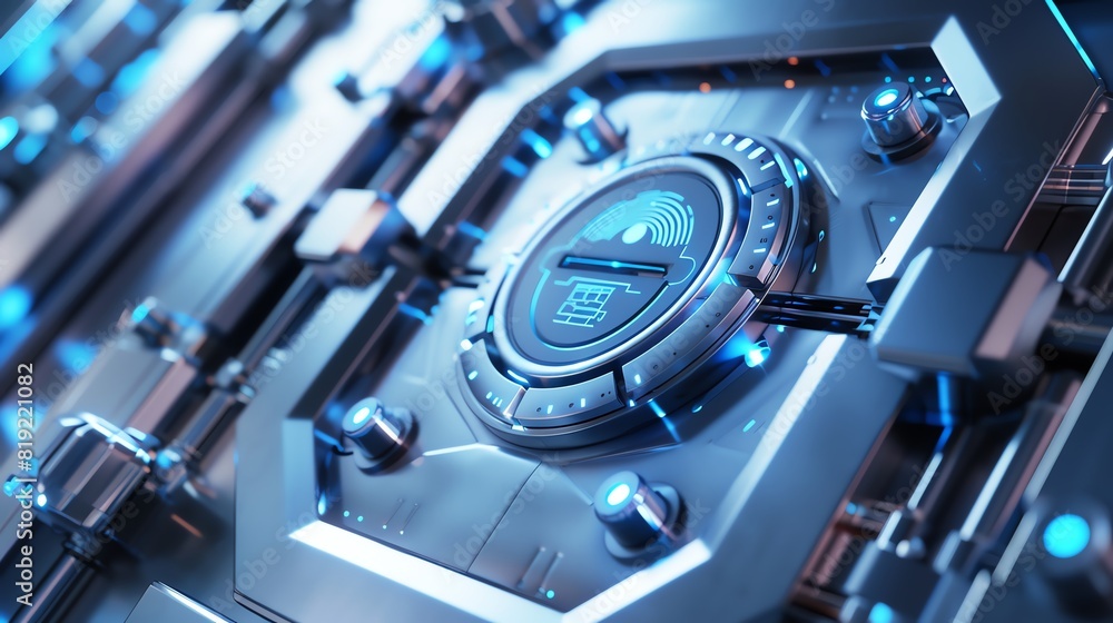 Poster futuristic secure vault door with blue lights and intricate details, representing advanced technolog