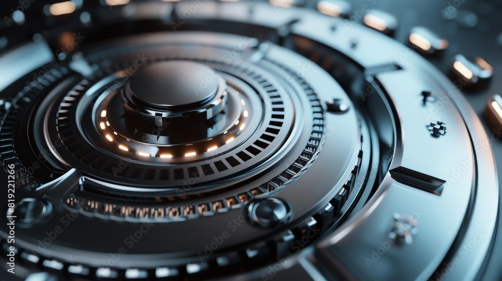 Poster futuristic technology close-up of an intricate, illuminated mechanical device, showcasing advanced e
