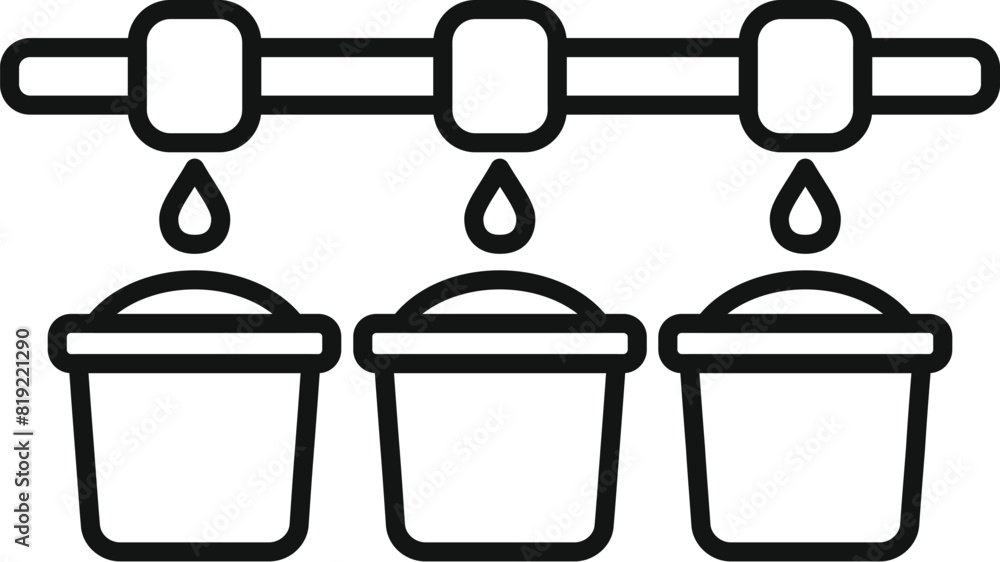 Poster line drawing of sap dripping into buckets from a tapped maple tree, representing syrup harvest