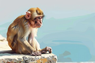 A monkey sitting on top of a stone wall, suitable for various design projects
