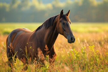 A beautiful brown horse standing in a field. Perfect for nature and animal themes