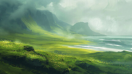 Emerald fields misty mountains and a rugged coastline
