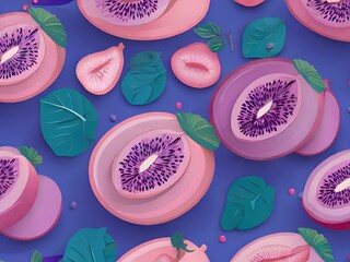 Seamless pattern featuring pink and purple fruits on blue. Generative AI