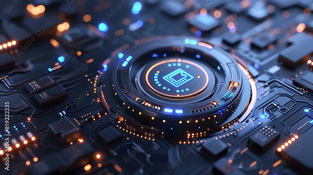 Poster futuristic technology circuit board with glowing elements, representing innovation and advanced elec