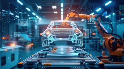 Car Factory Digitalization: Automated Robot Arm Assembly Line Manufacturing High-Tech Sustainable Electric Vehicles
