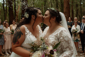 A portrait of a lesbian couple kissing at their wedding ceremony. Concept of diversity, love, and LGBTQ rights.