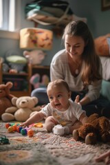 Fototapeta premium A woman sitting on the floor playing with a baby. Perfect for family and childcare concepts