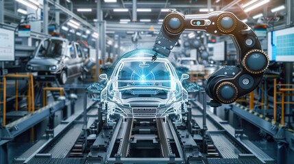 Fototapeta premium Car Factory Digitalization: Automated Robot Arm Assembly Line Manufacturing High-Tech Sustainable Electric Vehicles