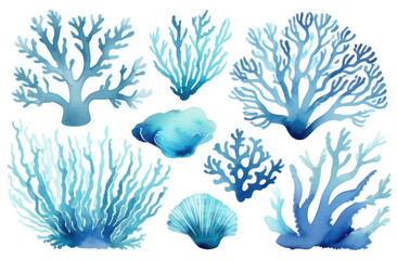 Set of blue watercolor seaweed and corals isolated on white. Sea theme, design element, decoration of water entertainment places, parks, beaches.