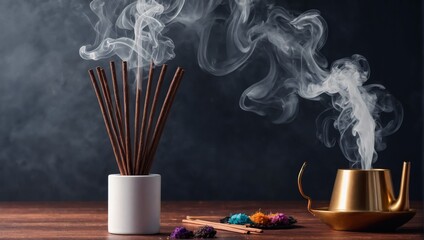 Many incense sticks are lit and embroidered in pots with a large amount of gray smoke.