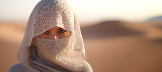Woman in desert burqa.Generative AI