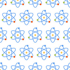 Seamless pattern with Atom, orbital electrons. Nuclear energy, scientific research, molecular chemistry, physics science concept. Repeat background. Vector illustration isolated on white