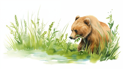 brown bear full body water color illustration with grass on white background - Powered by Adobe
