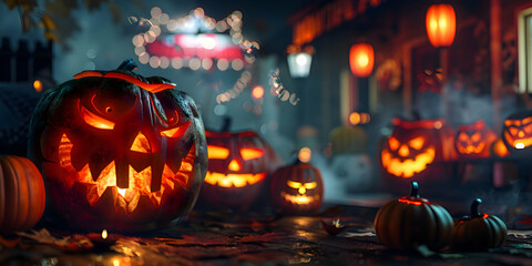 A spooky Halloween display with multiple carved pumpkins and eerie decorations - Powered by Adobe