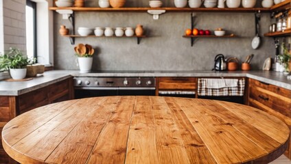 Empty beautiful round wood tabletop counter on interior in clean and bright kitchen background.