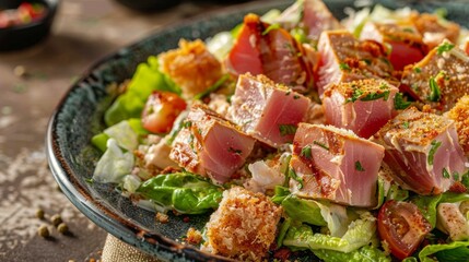 Hawaiian cuisine. Caesar salad with tuna Ahi and Cajun seasoning. 