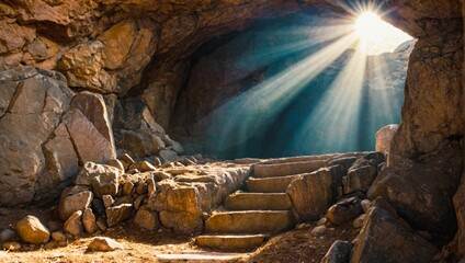 Empty tomb with stone rocky cave and light rays bursting from within.