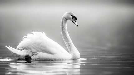 Graceful Elegance: A Swan’s Serene Journey Across a Monochromatic Lake. Generative AI