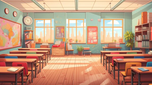school flat design top view classroom theme cartoon drawing colored pastel