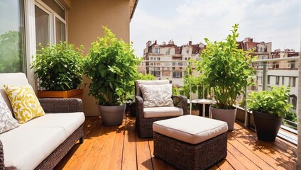 Sunlight and table and chairs on modern balcony.