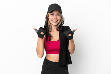 Sport Russian girl with hat and towel isolated on white background with thumbs up gesture and smiling