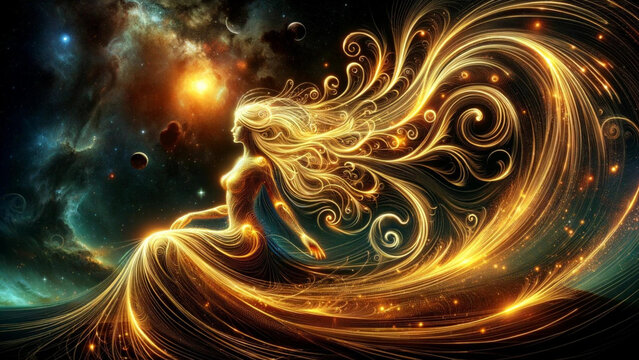 Celestial Virgo Glowing Golden Maiden in a Mystical Cosmic Dance of Stars and Light
