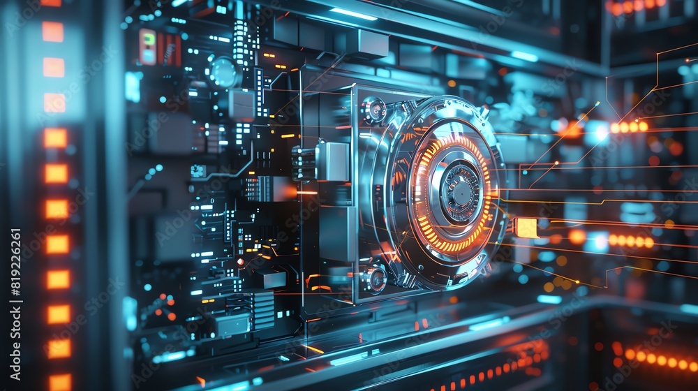 Poster futuristic technology circuit board with glowing neon lights, showcasing advanced microchip and intr