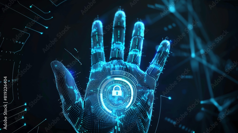 Aufkleber futuristic digital fingerprint with cyber security lock symbol, representing biometric authenticatio