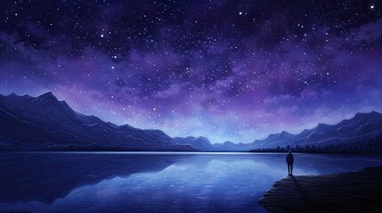 Woman standing on the edge of a mountain lake and looking at the starry sky - Powered by Adobe