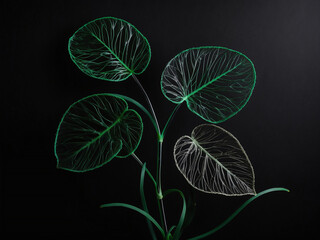 Green color wire frame of leaves, black background