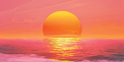 Rising above the landscape, a majestic sunset bathes the sky in a warm palette of orange and pink hues.