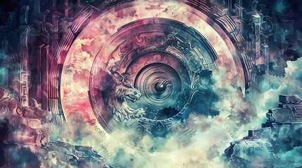 Abstract cosmic portal with vibrant colors, mystical clouds, and intricate designs. Fantasy and surreal illustration for creative projects.