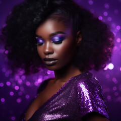 Elegant Woman in Sparkling Purple Dress with Closed Eyes Against Purple Bokeh Background