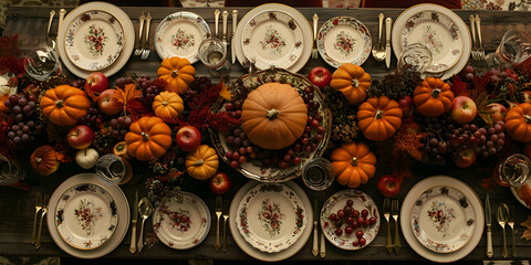 A spooky table setting with Halloween-themed plates, napkins, and centerpieces
