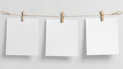 Blank paper sheet with wooden pegs mockup template for artwork design on transparent background