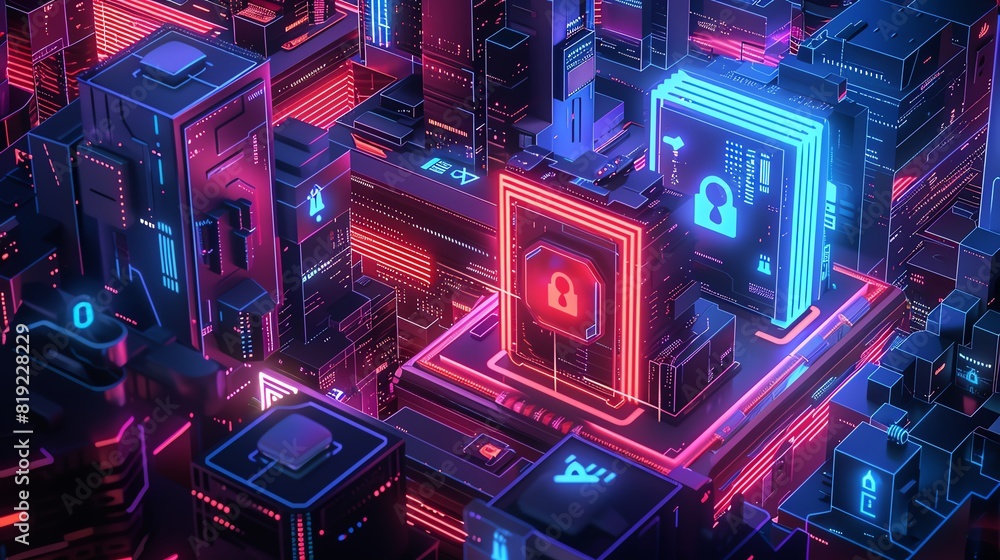 Poster futuristic digital cityscape with neon lights and secure data technology theme visualized through 3d