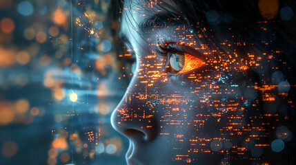 A woman's face is shown in a computer screen with a blue background