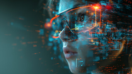 A woman's face is shown in a computer screen with a blue background