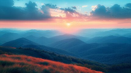 A picturesque countryside landscape with rolling hills under a sky painted in gentle shades of peach, blush pink, and baby blue, as the sun sets behind a distant mountain range.