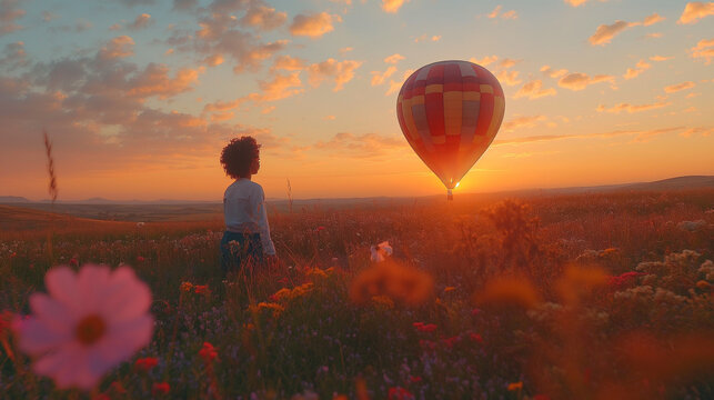 A lone hot air balloon drifting over a field of wildflowers, set against a sky transitioning from pale orange to light pink and lavender, creating a dreamy, ethereal scene.
