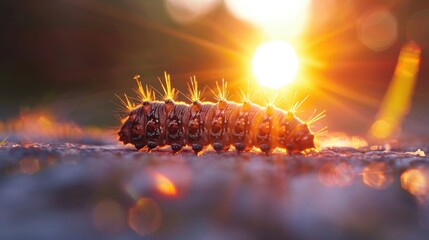 Detailed view of a caterpillar on the ground, suitable for educational materials