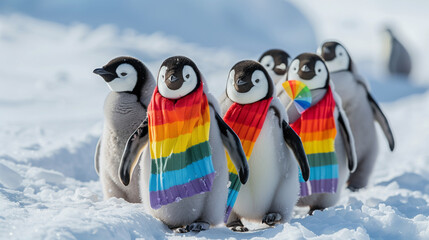 A group of penguins waddle across the snow, each sporting a colorful scarf with a miniature rainbow flag attached.