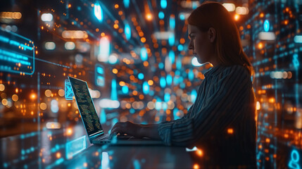 Fototapeta premium A woman is sitting at a desk with a laptop in front of her