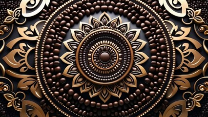 detailed, symmetrical mandala design with intricate patterns in black, gold and brown shades. interior decor for cafe or coffee shops, background for meditation or yoga websites, luxury goods concept