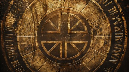 Obraz premium Ancient circular symbol with intricate patterns and text, featuring a worn-out gold design for a vintage and rustic look.