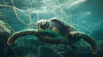 Obraz premium Turtle entangled in a fishing net underwater, highlighting marine life endangerment, Environment conservation