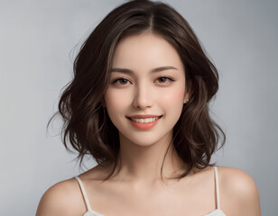 Naklejka premium Radiant Portrait of a Young Woman, Smiling , Bright and Beautiful: Young Woman with Short Hair, Radiant Smile