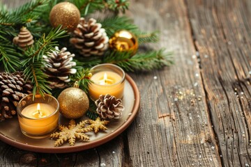 Elegant Christmas dinner table adorned with pine tree, glowing candles, and holiday ornaments - Seasonal Festivity - Interior Design - Catering Services