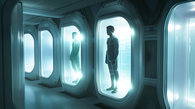 Human clone factory, Human in the capsules, capsule with human body inside illuminated with white light. Science fiction cryonics technology for humans. Cryo chamber. Cryopod with misted glass